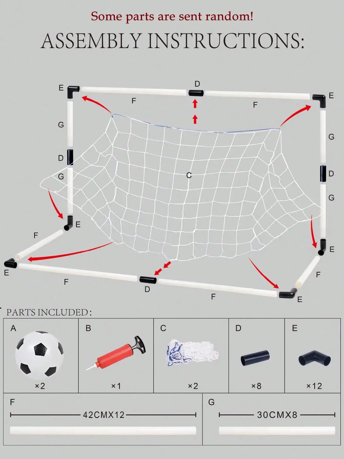Assembly diagram for a portable football goal set, including two mini soccer balls, a pump, net, and plastic frame.