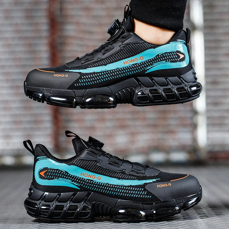 Black steel toe work trainers with teal accents, a chunky cushioned sole, and a dial-lace fastening system.