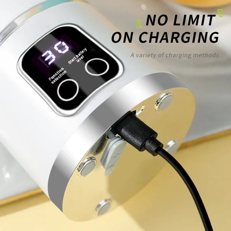 Silver, cylindrical electric device with a digital display showing "30," charging via a black USB cable.