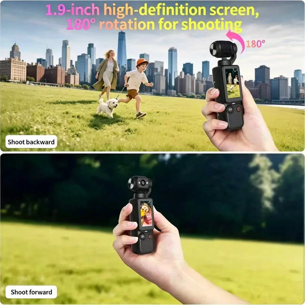 Black handheld gimbal camera with a 1.9-inch rotating screen, shown filming forward and backward.