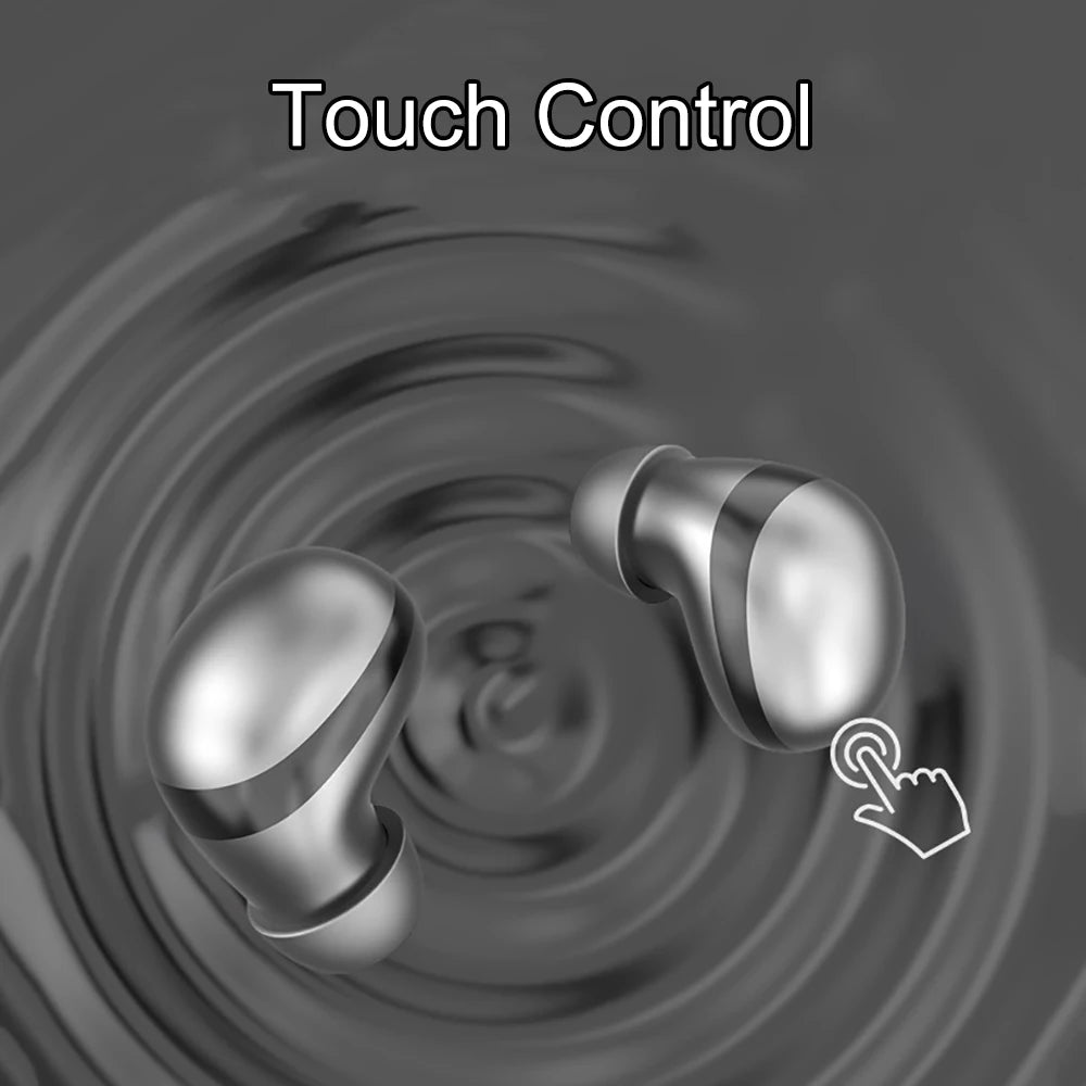 Sleek silver wireless earbuds float above a dark, rippled surface, featuring a touch control icon.
