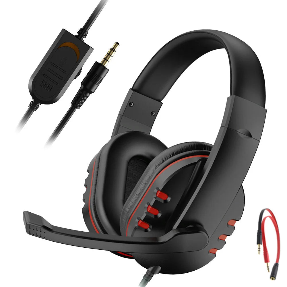 Black wired gaming headset with red accents, integrated microphone, and an inline volume control cable.