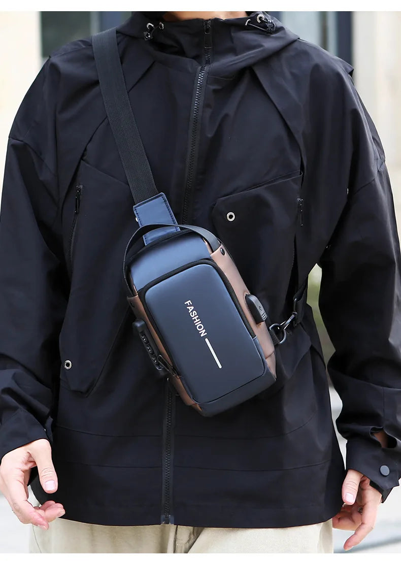 A person wearing a sleek, navy and bronze anti-theft crossbody sling bag with a built-in USB charging port.