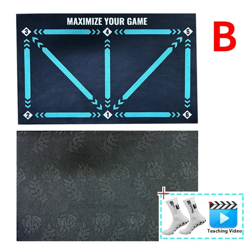 Black agility training mat with blue numbered target lines, anti-slip textured underside, and a pair of grip socks.