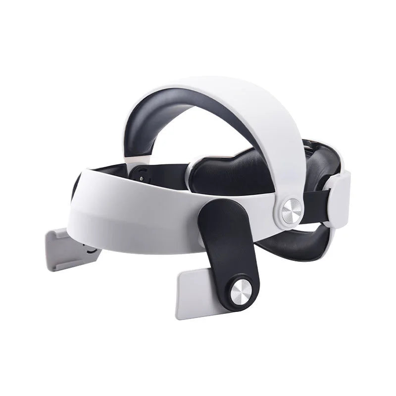 White adjustable VR head strap with black cushioned padding and silver side adjustment hinges.