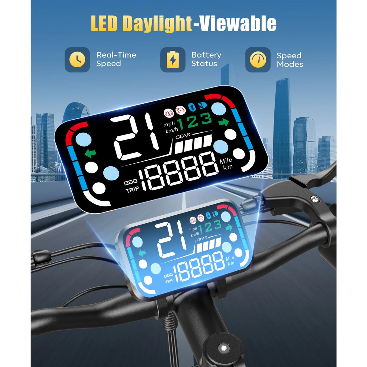FREEBOY H14 electric scooter black handlebar featuring a bright LED display showing speed, battery, and gear modes.