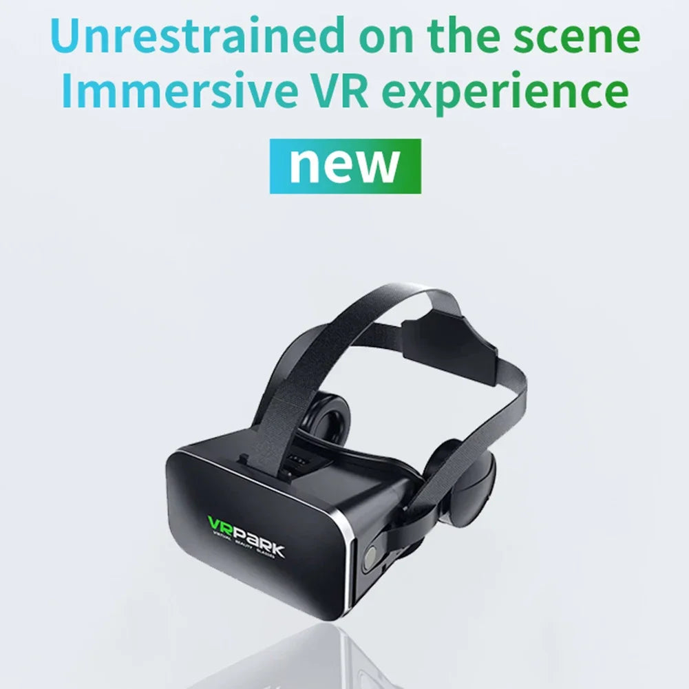 Black VR headset with adjustable head straps and built-in headphones on a light background.