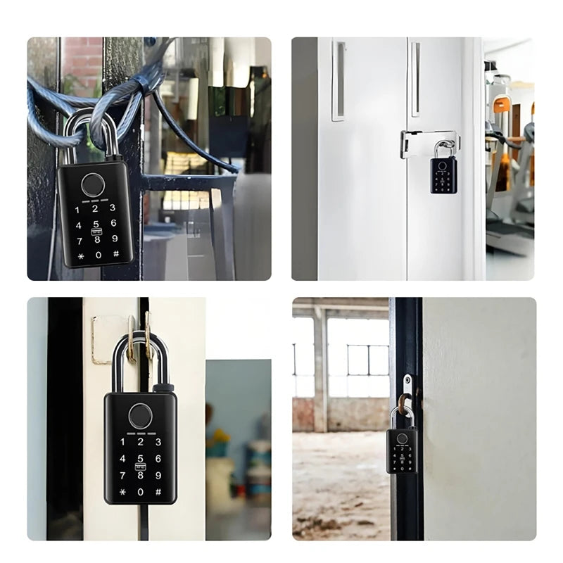 Black metal smart padlock with a numeric keypad and fingerprint scanner on various doors.