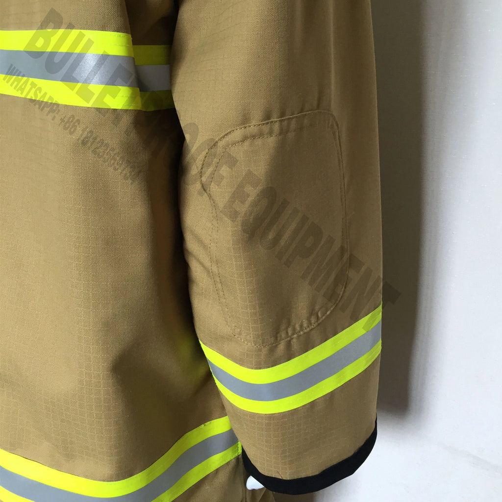 Tan firefighter turnout jacket with high-visibility reflective yellow stripes and reinforced elbow padding.