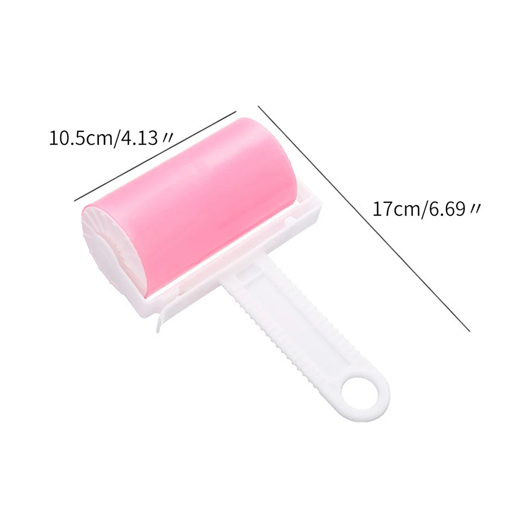 Pink reusable lint roller with a white plastic handle, showing dimensions of 10.5cm by 17cm.