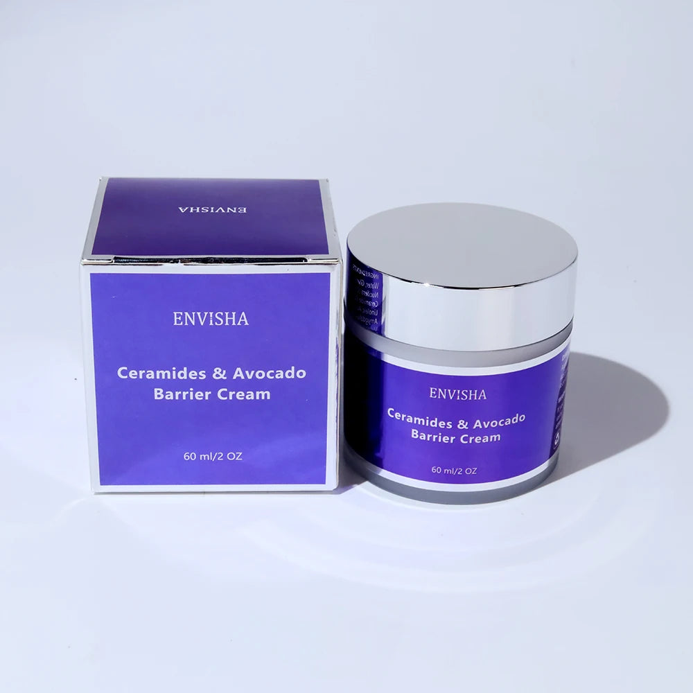 Purple 60ml jar and matching box of Ceramides & Avocado face barrier cream with a silver lid, on a white background.