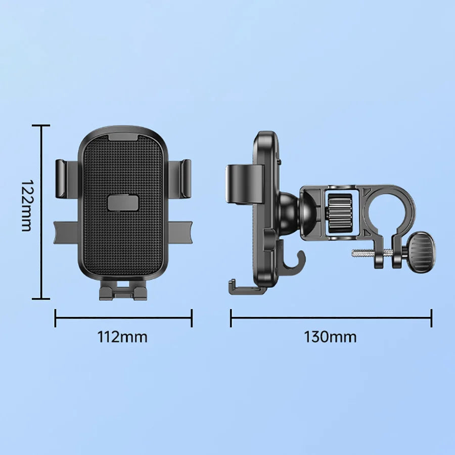 Black adjustable bike phone holder with textured grip, ball-joint swivel, and handlebar clamp with measurements.