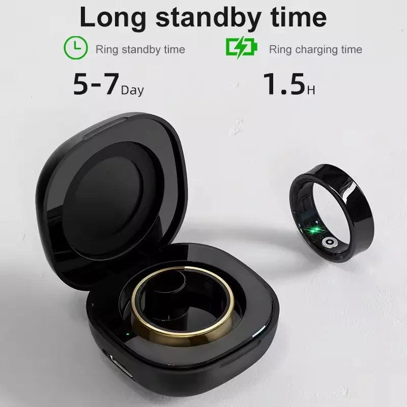 Sleek black smart health ring with charging case. Features 5-7 days battery life and 1.5-hour fast charging.