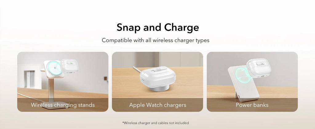 Glossy white wireless charging case for AirPods Pro, shown attaching magnetically to various wireless chargers.