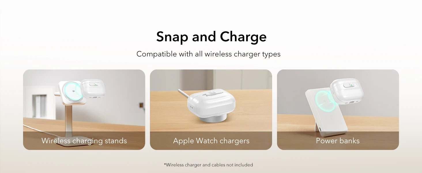 Glossy white wireless charging case for AirPods Pro, shown attaching magnetically to various wireless chargers.