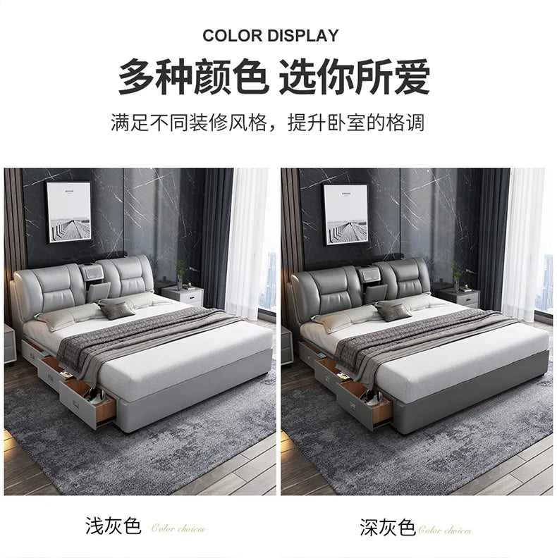 Minimalist king size bed frames in light and dark grey upholstery, featuring integrated storage drawers and headboard.
