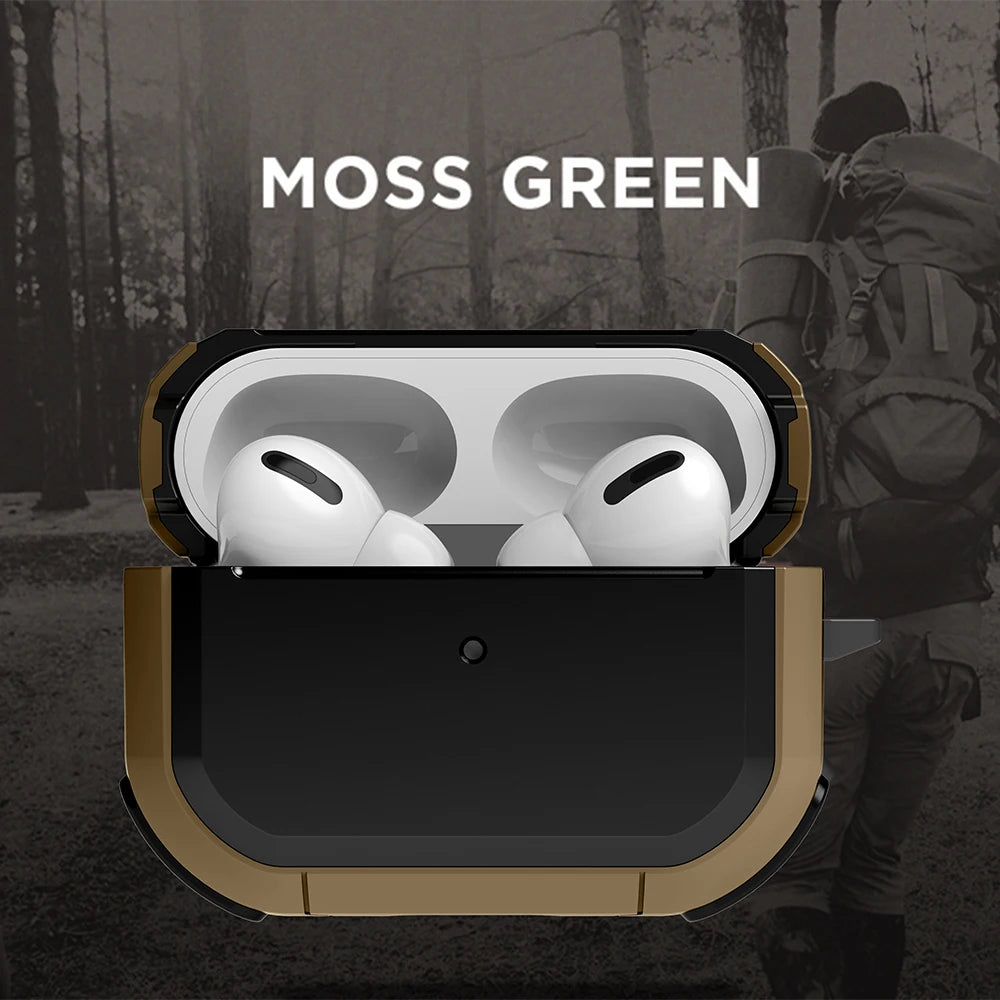 Moss green, rugged protective case for AirPods Pro, featuring a sleek, durable design against a woodland background.