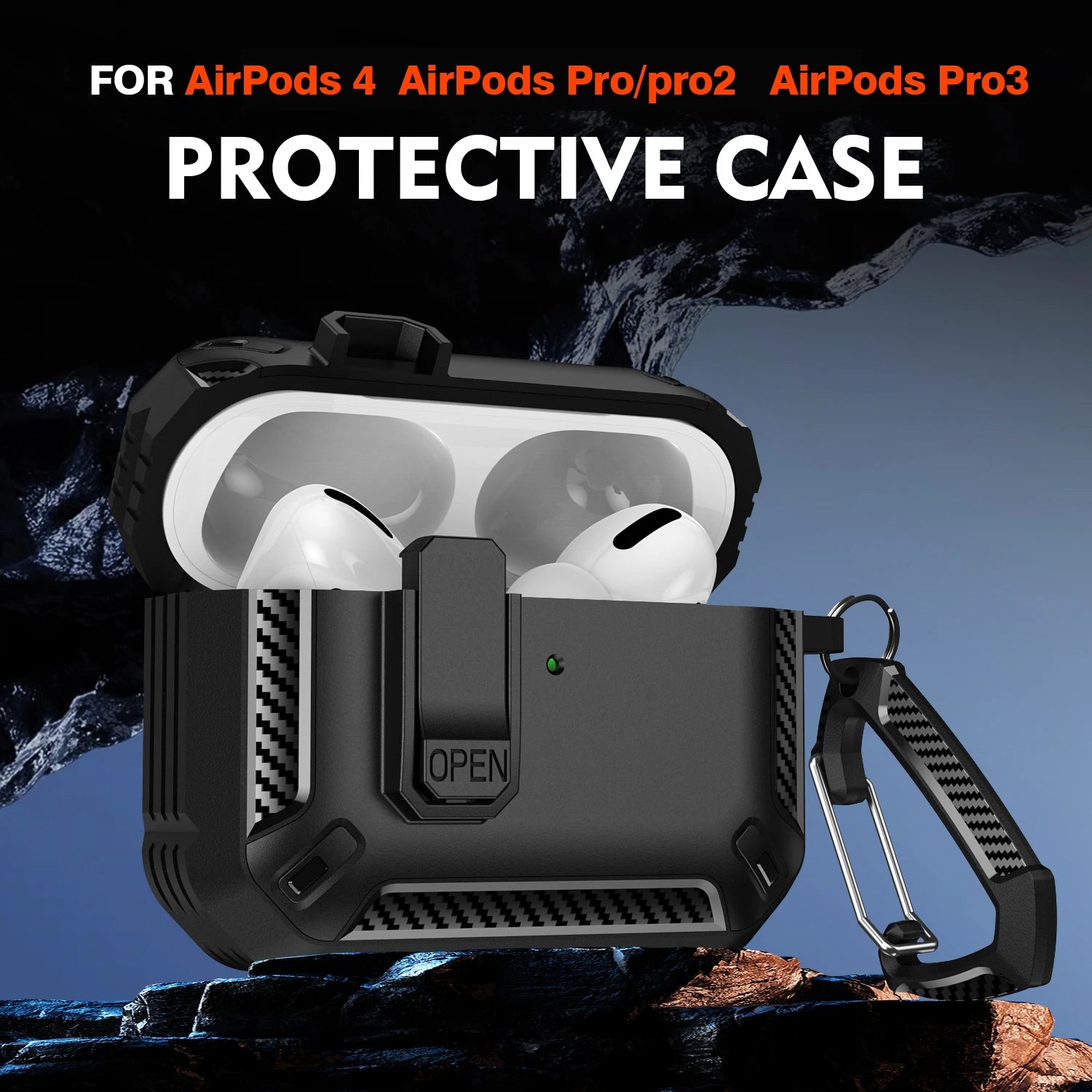 Rugged black protective case with carbon fibre accents and carabiner for AirPods 4, Pro, Pro 2, and Pro 3.