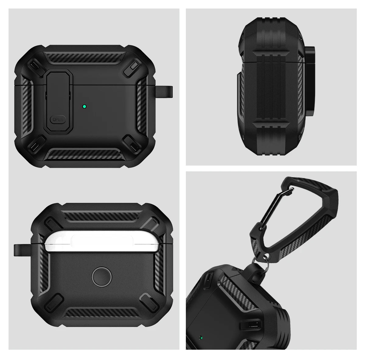 Rugged black carbon-fibre style protective case for AirPods, featuring a secure latch and carabiner clip.
