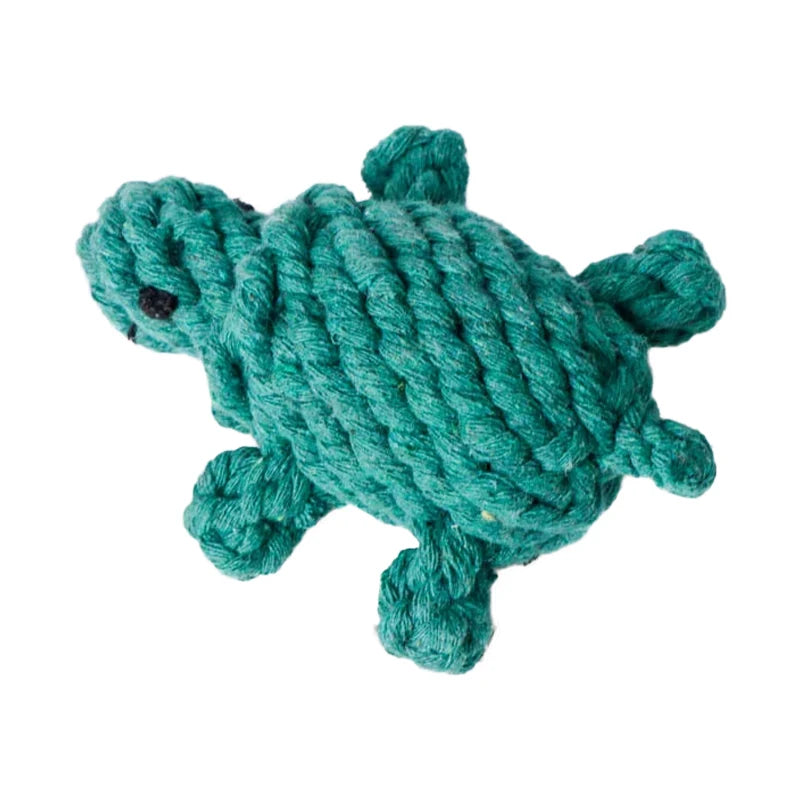 Teal turtle-shaped dog rope toy with braided texture, ideal for cleaning teeth during play.