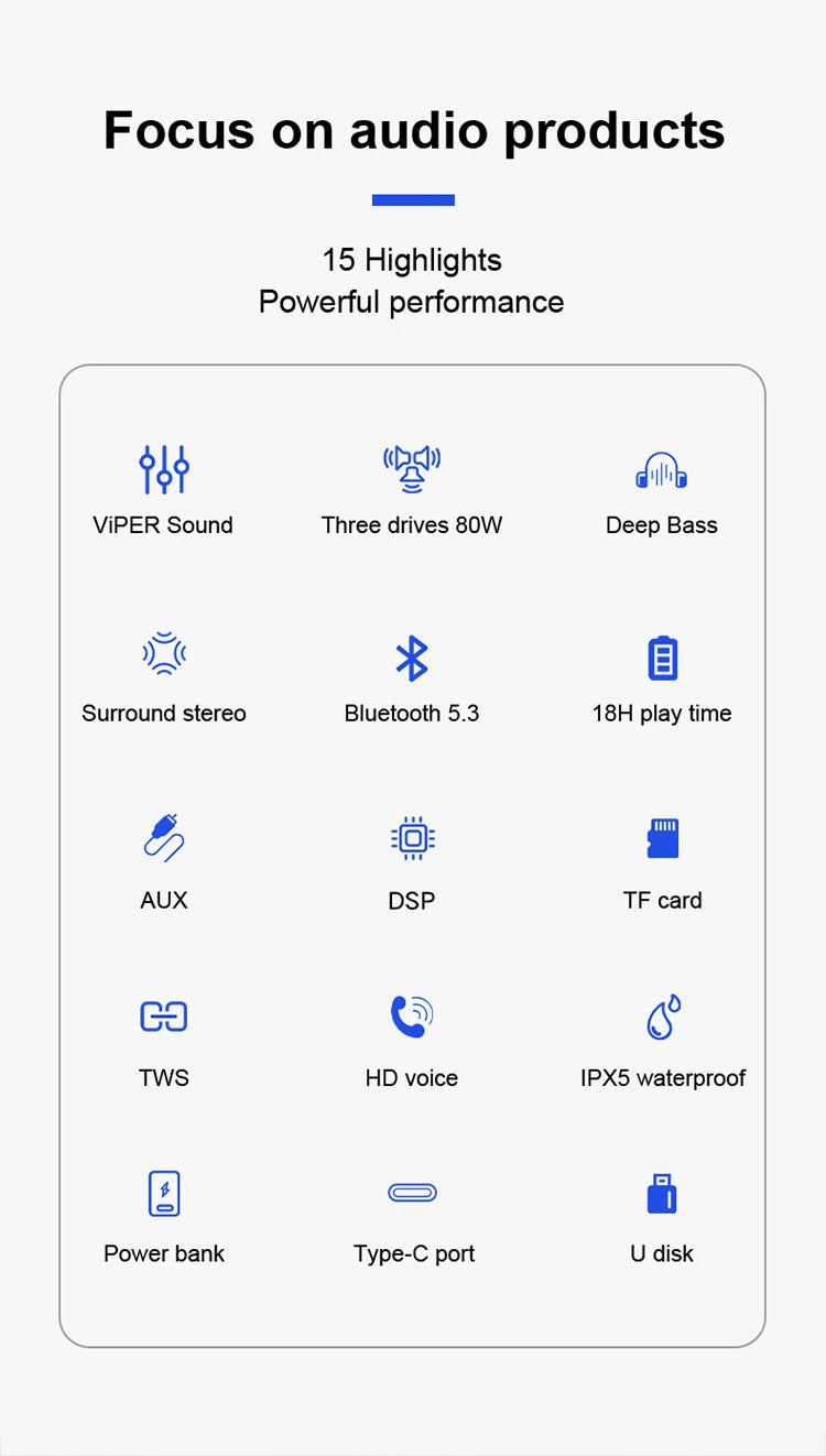 Feature list for an 80W wireless Bluetooth speaker, highlighting 18h battery, waterproof design, and multiple ports.