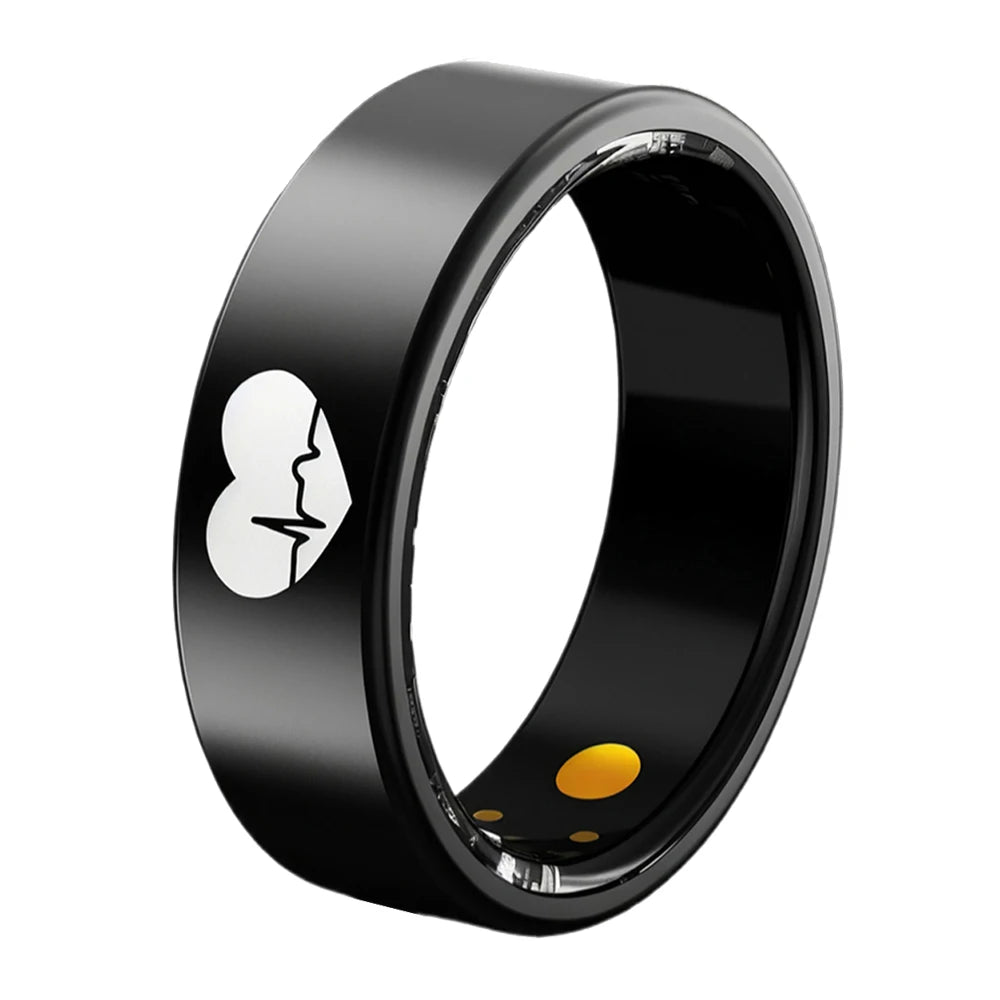 Sleek black smart fitness ring featuring a white heart-rate graphic, with gold sensors on the inner band.