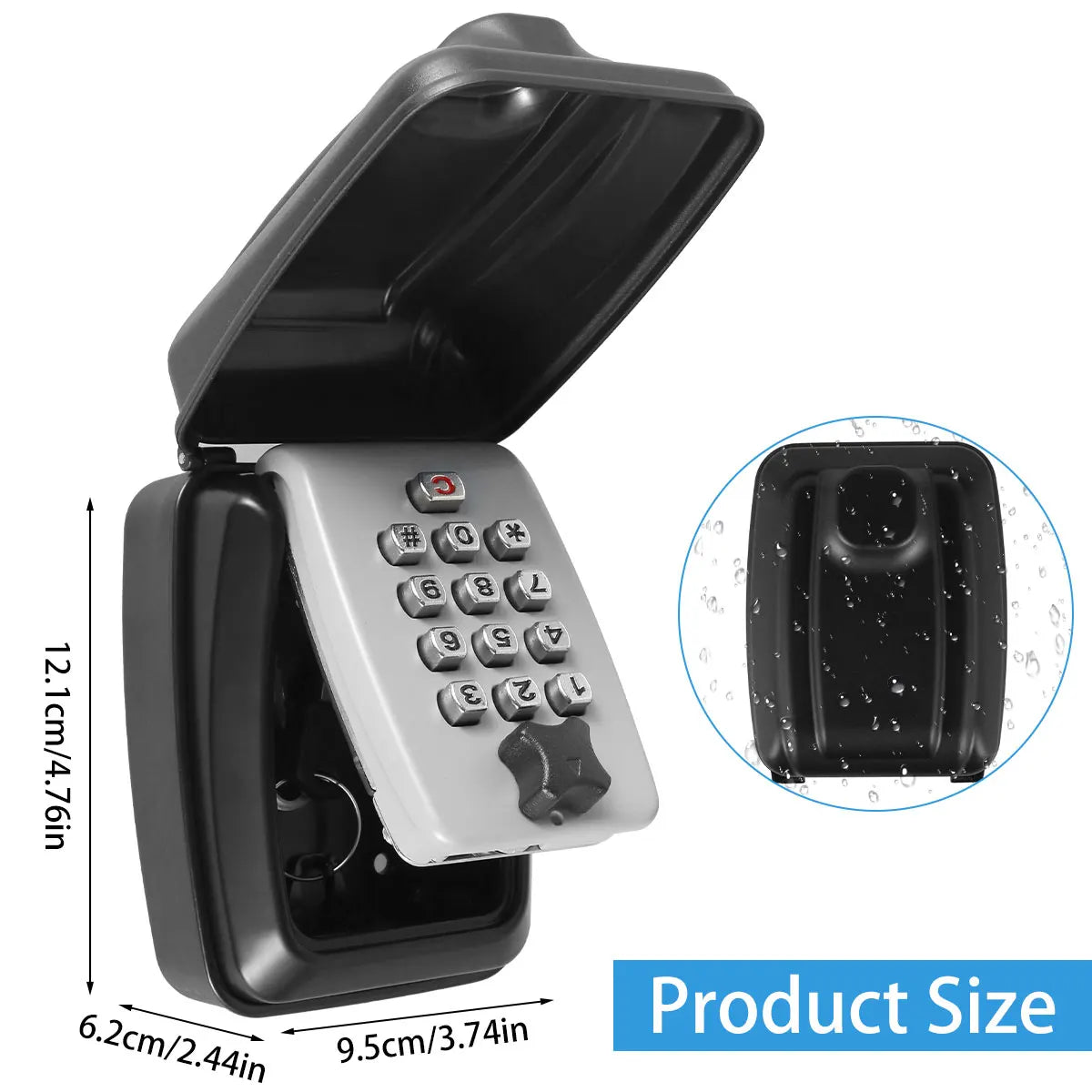 Black wall-mounted metal key lock box with a silver push-button keypad and protective cover, measuring 12x9.5x6cm.