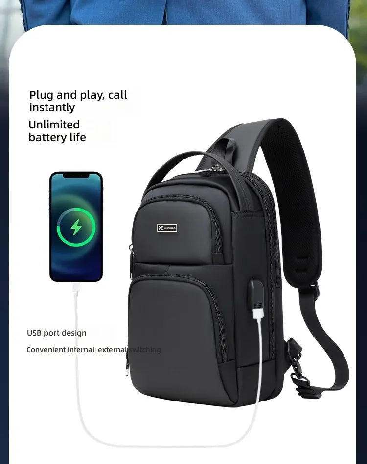 Black waterproof anti-theft sling bag with a built-in USB charging port and phone charging cable.