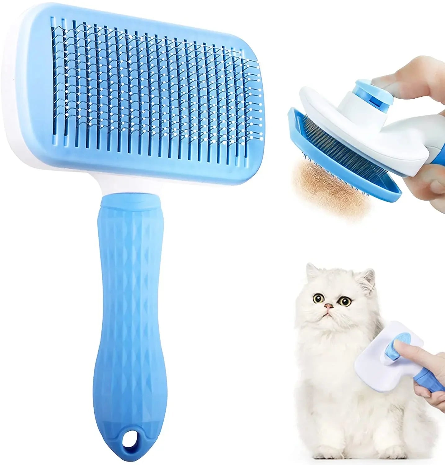Blue self-cleaning pet grooming brush with fine bristles, shown cleaning fur from a white cat.