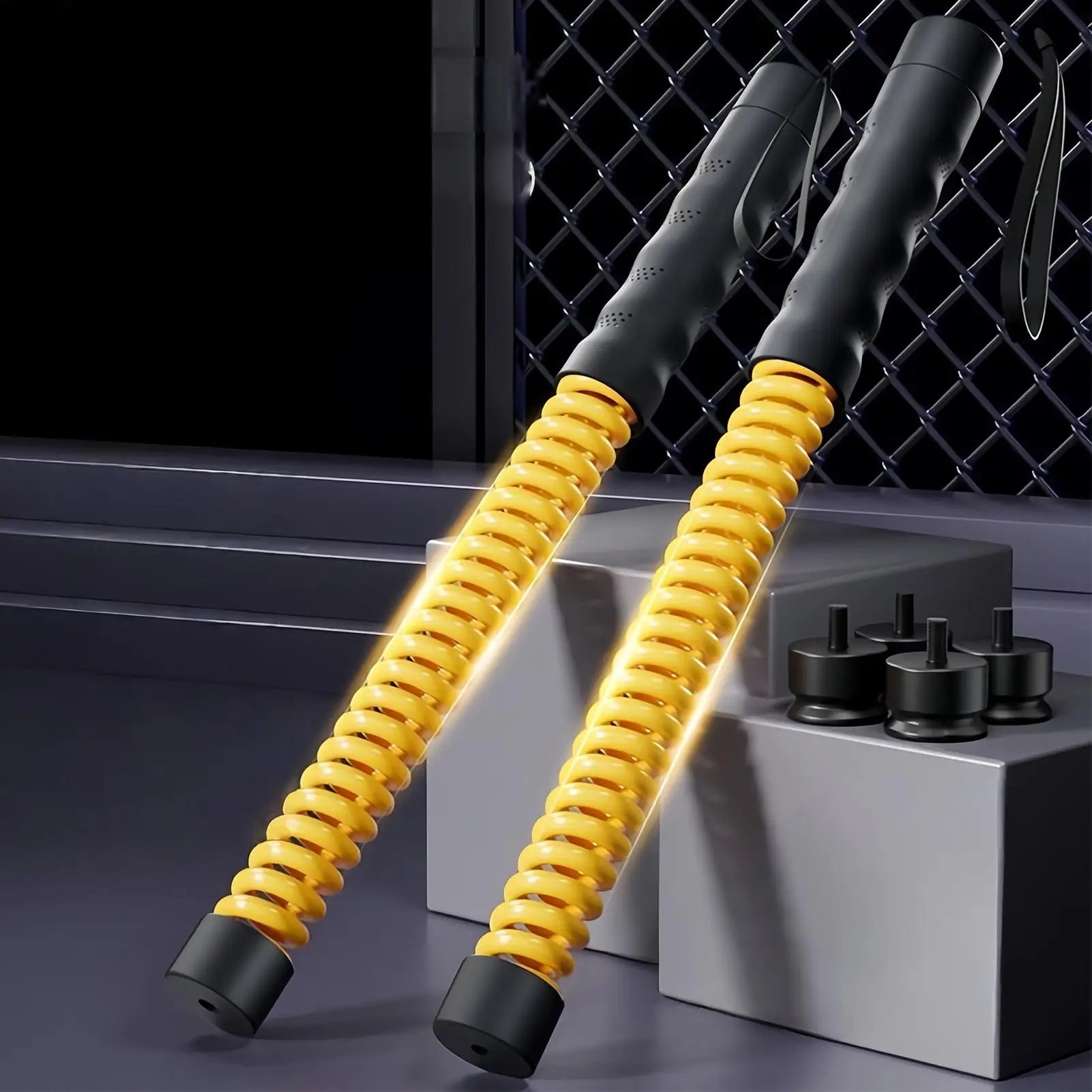 Two yellow spring-loaded fitness resistance bars with black ergonomic handles and matching weights on display.