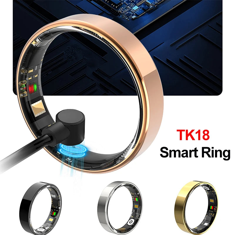 Rose gold smart fitness ring on a magnetic charger, shown with black, silver, and gold colour options.