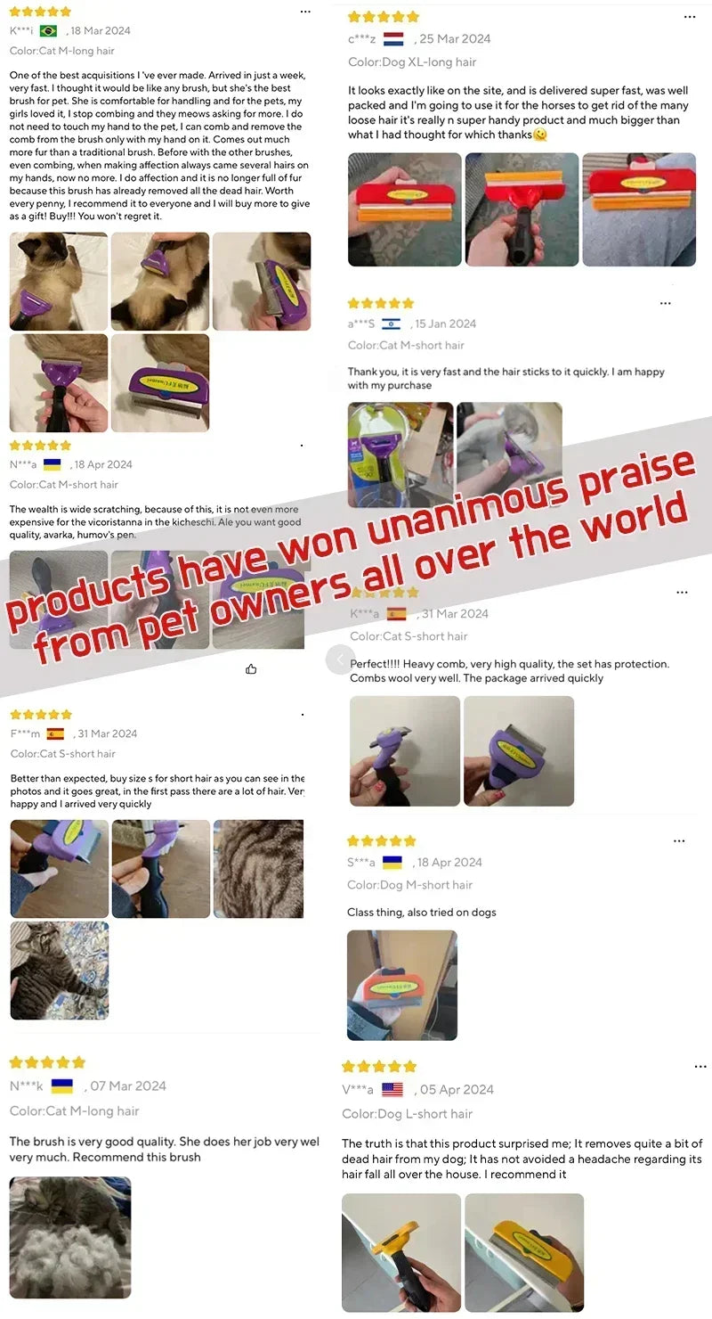 Pet grooming brushes in various sizes and colours being used on cats and dogs, shown in multiple customer review photos.