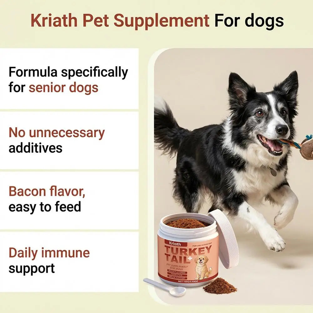 Bacon-flavored senior dog immune support supplement powder in a white tub with a white scoop, featuring a happy dog.