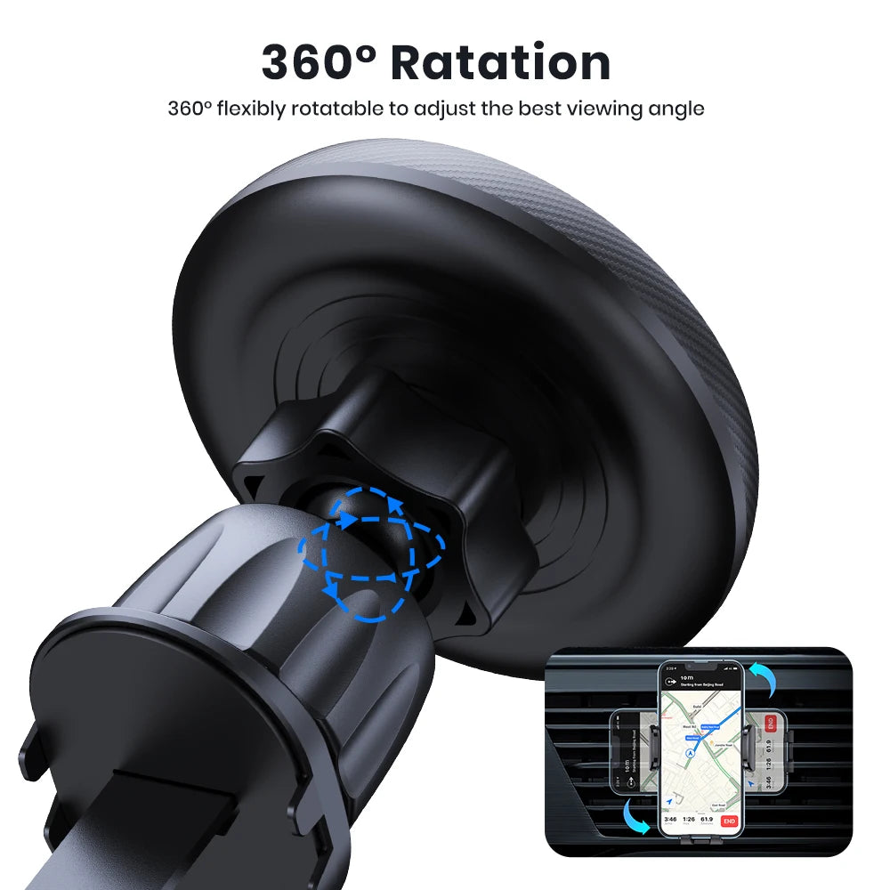 Black matte car air vent phone mount with a round, 360-degree adjustable ball joint design.