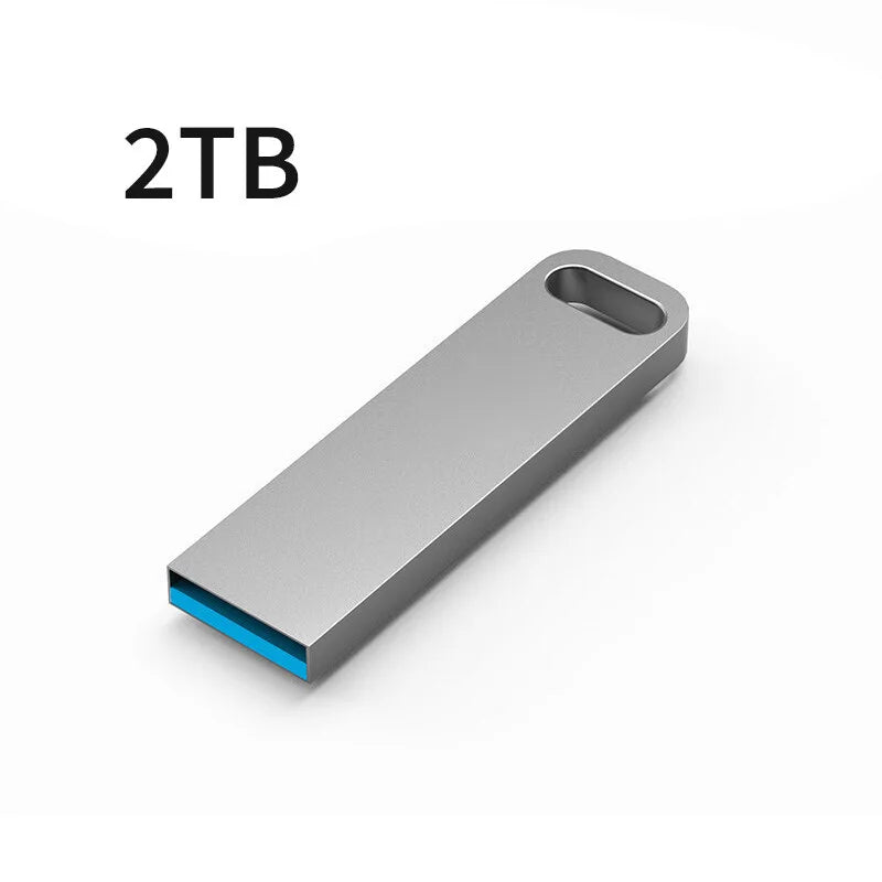 Sleek, silver 2TB metal USB flash drive with a built-in keyring hole and blue connector accent.