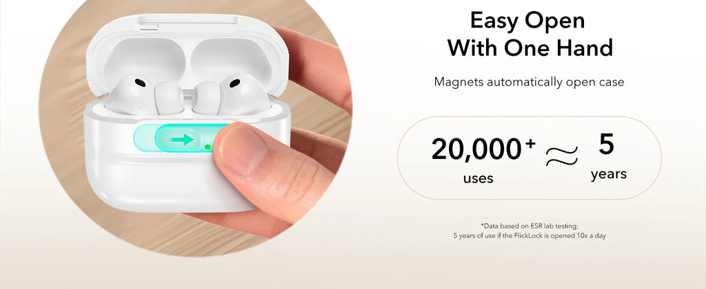 Clear, smooth white magnetic protective case for AirPods Pro, held in a hand showing easy one-handed opening.