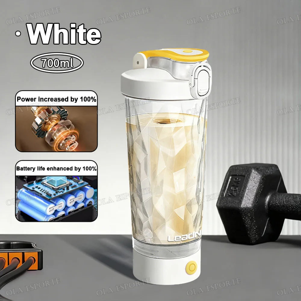 White 700ml electric protein shaker bottle with a faceted clear design, yellow accents, and a base-mounted power button.