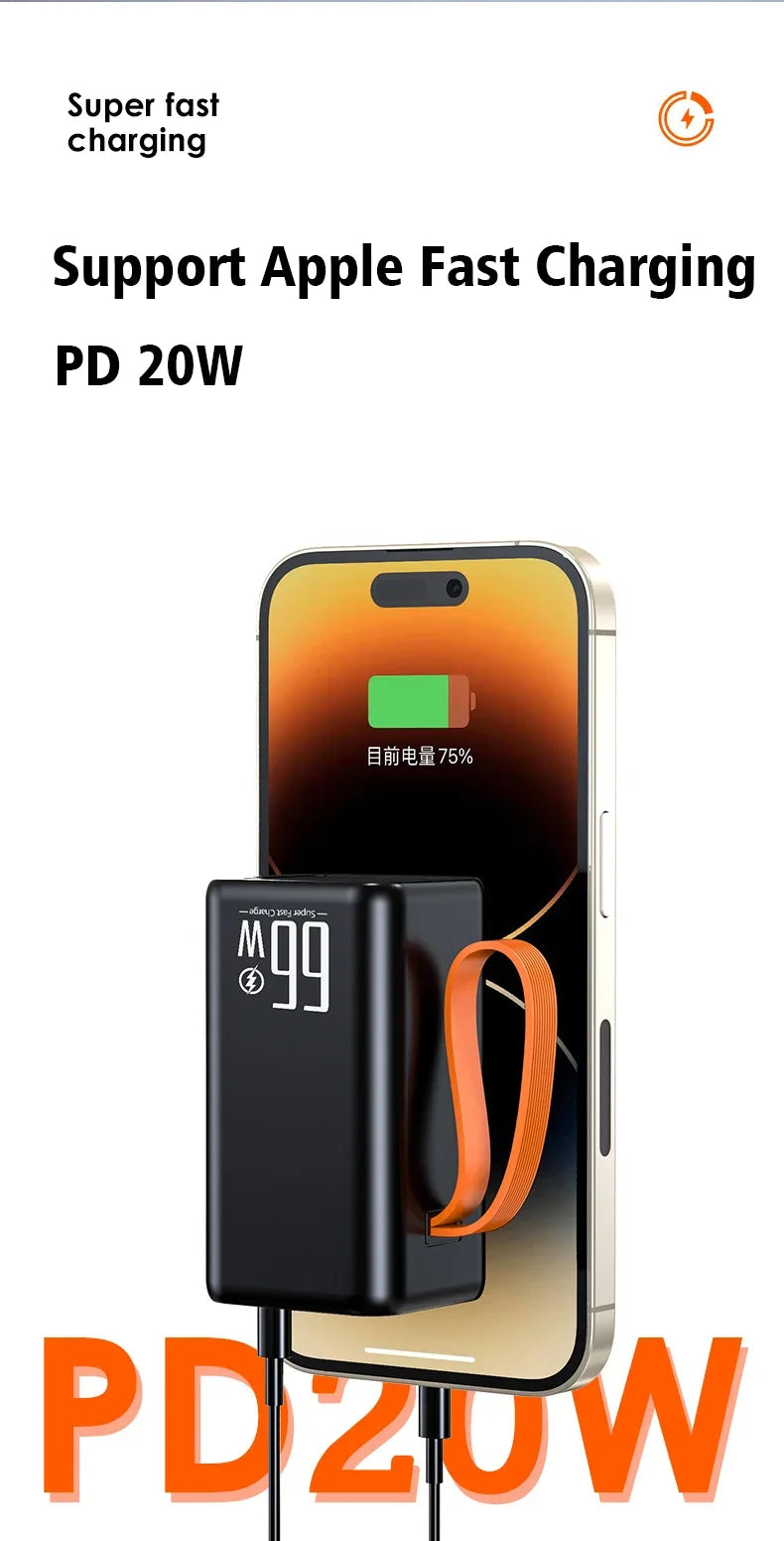 Compact black 20,000mAh power bank with a digital battery display and bright orange carry strap, plugged into a phone.