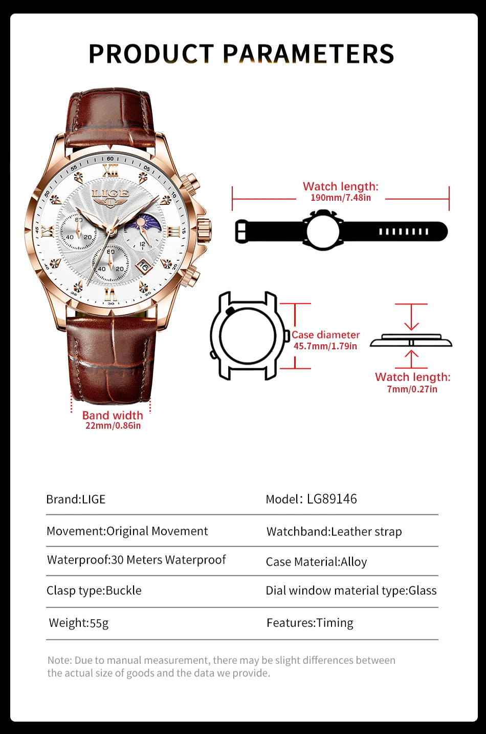 Men's classic rose gold chronograph watch with a textured silver dial, moon phase display, and brown leather strap.