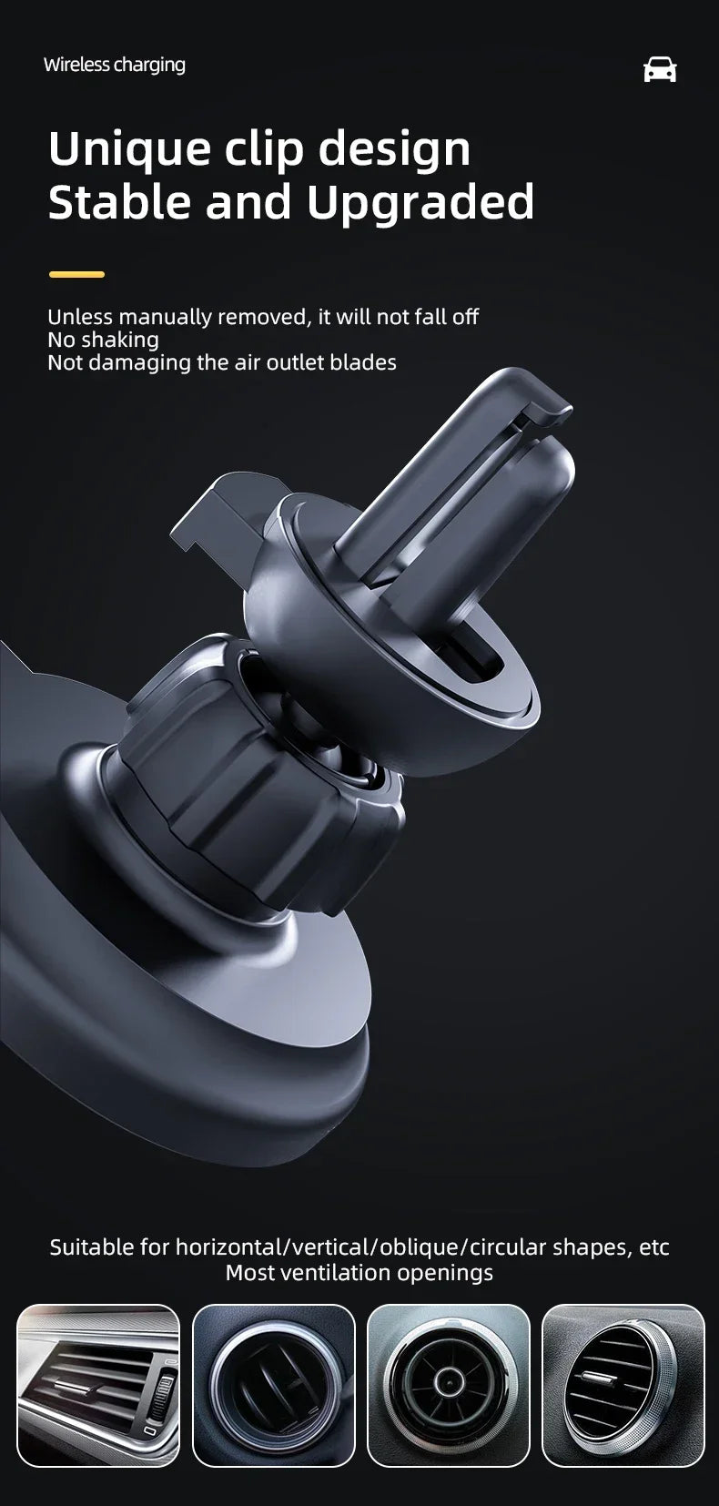 Matte black car air vent phone mount with a secure hook-style clip and adjustable ball joint design.