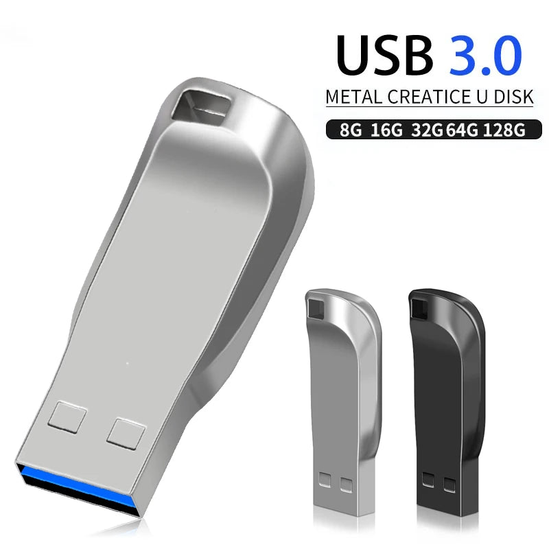 Sleek, silver and black metal USB 3.0 flash drives with a curved, ergonomic design and built-in keyring loop.
