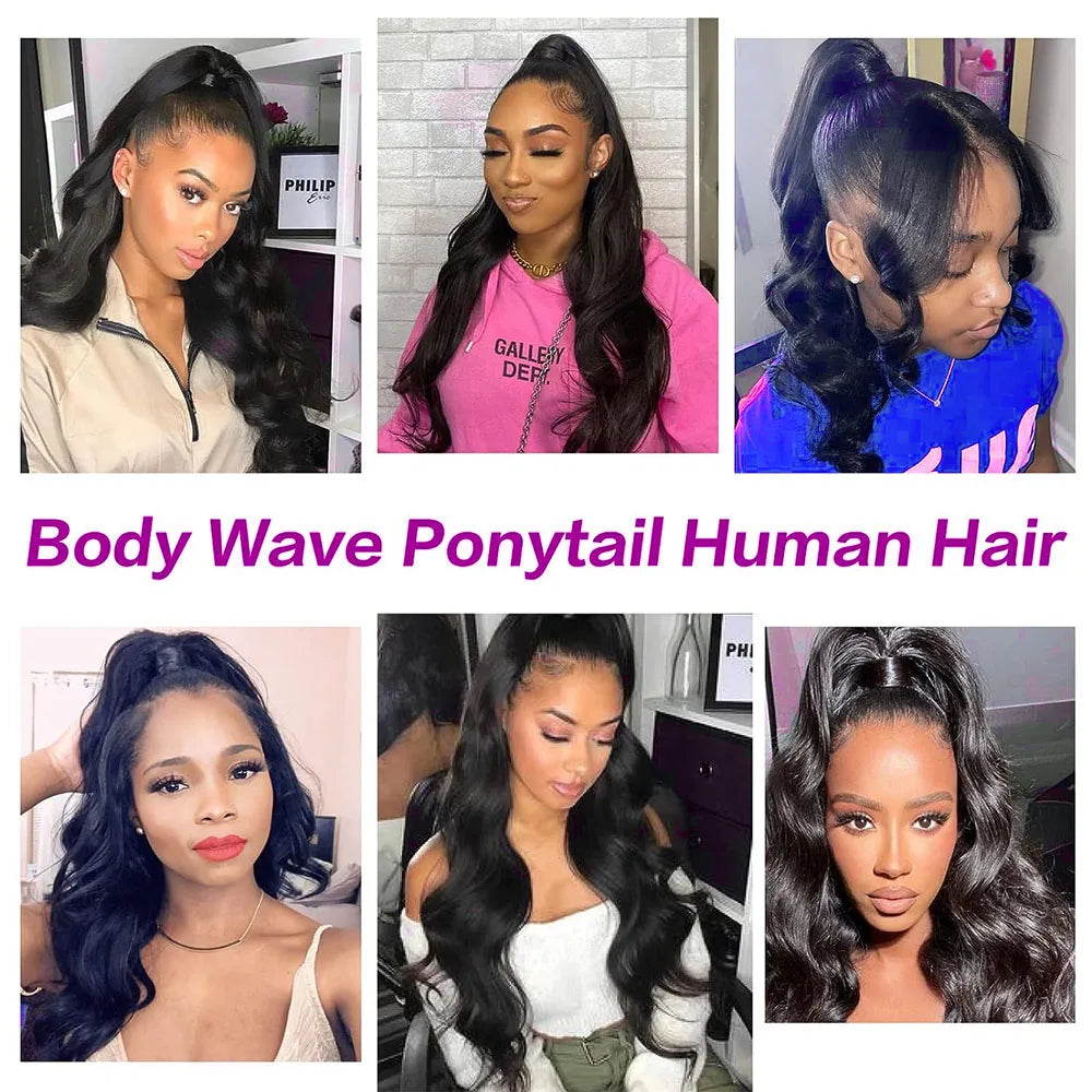 Natural black body wave human hair ponytail extensions styled in high ponytails on six women.