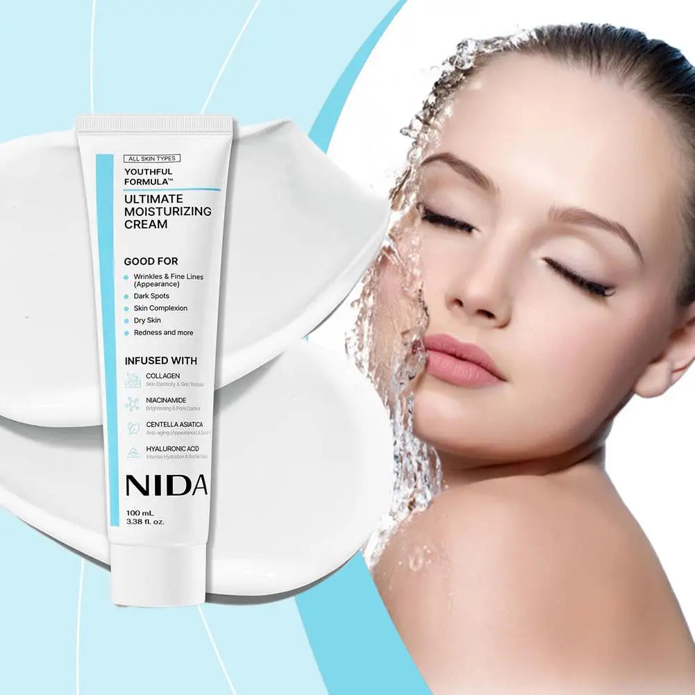 White tube of Ultimate Moisturizing Cream for all skin types, featuring collagen, niacinamide, and hyaluronic acid.