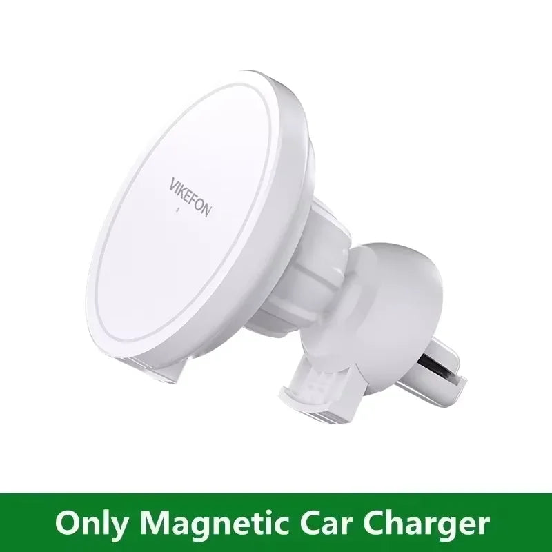 White circular magnetic car phone charger with an adjustable vent mount clip. Minimalist, modern, and compact design.