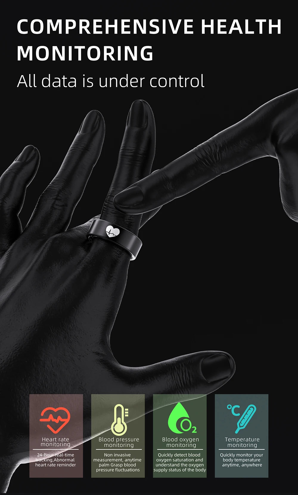 Sleek black smart fitness ring featuring a heart icon, shown on a finger with icons for health and vital monitoring.