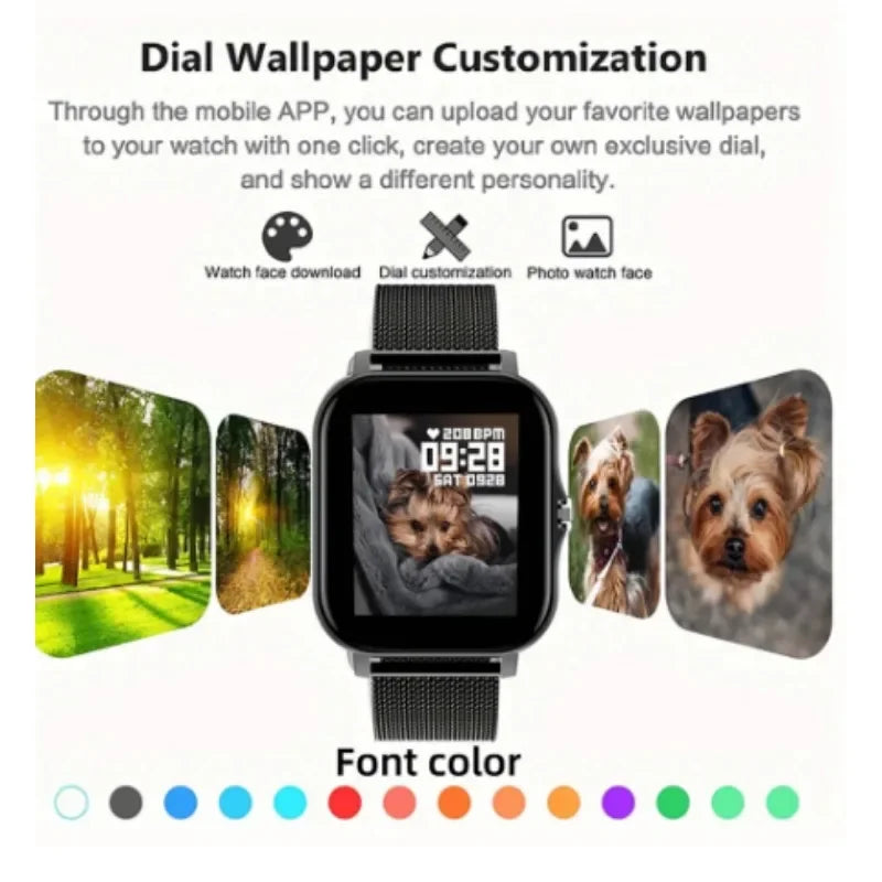Black smartwatch with a mesh strap, featuring a customisable colour touchscreen and photo watch face options.
