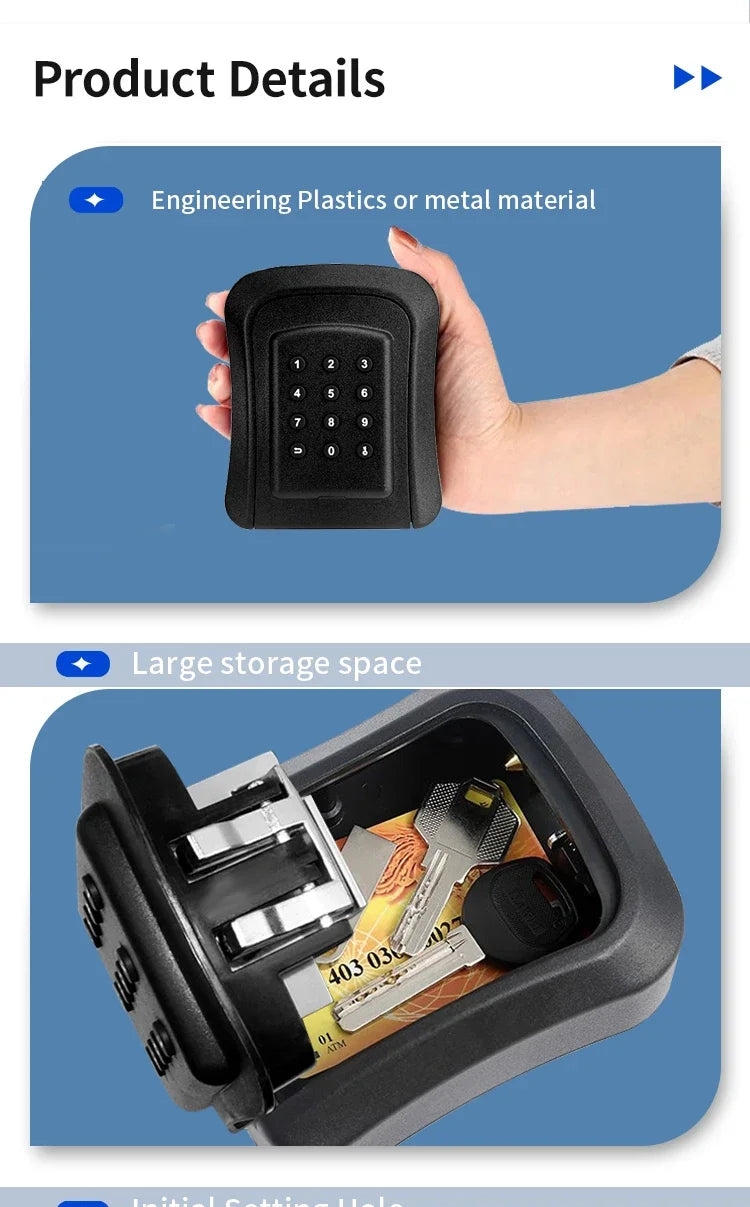 Black metal or plastic wall-mounted key lock box with a digital keypad, shown open with keys inside.