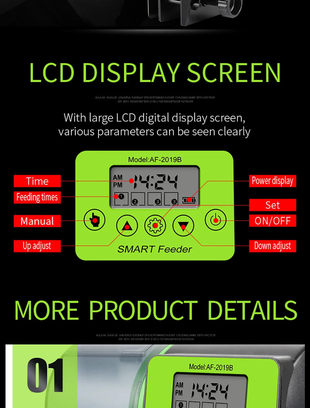 Bright green digital smart feeder with LCD display, control buttons, and clear labeling for time and manual settings.