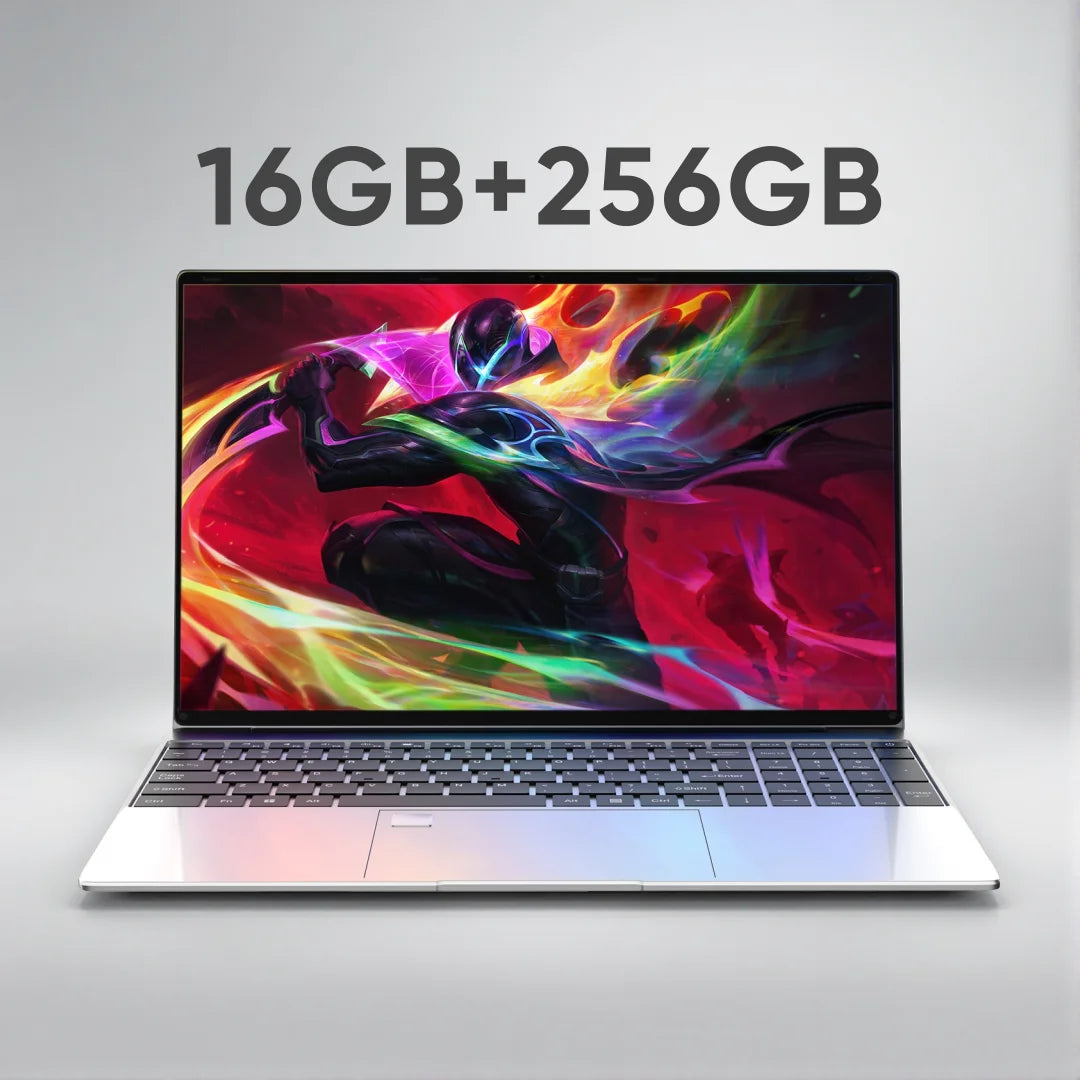 Ultra-slim 15.6-inch silver laptop with a vibrant gaming display, backlit keyboard, and sleek, modern metallic finish.