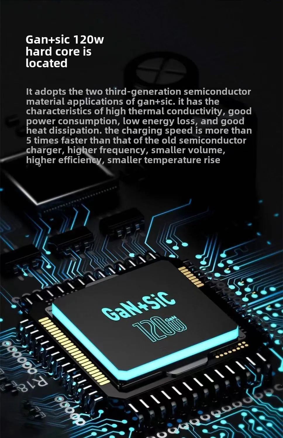 Close-up of a high-tech circuit board with a glowing GaN+SiC 120W chip, highlighting advanced power bank components.